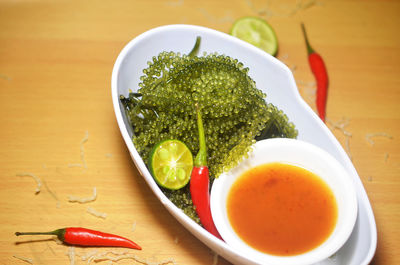 High angle view of vegetables in bowl on table