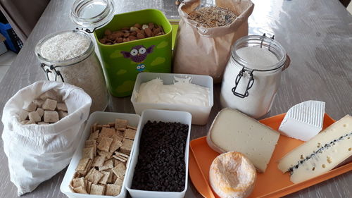 High angle view of dessert on table