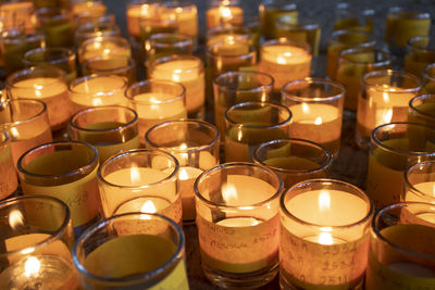 High angle view of candles burning in glasses with text