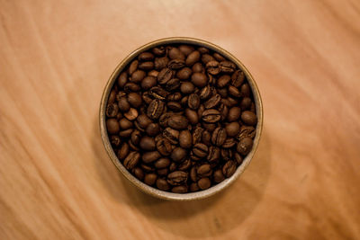 High angle view of coffee beans on table