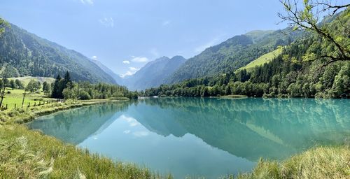 Scenic view of lake and mountains against sky