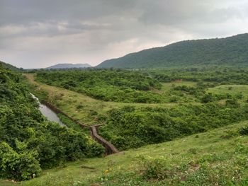 Scenic view of green landscape and mountains against sky