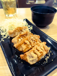 High angle view of food in plate on table