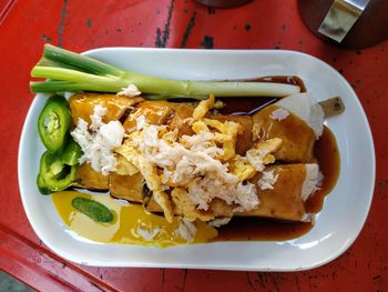 High angle view of food in plate