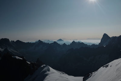 Scenic view of snowcapped mountains against clear sky