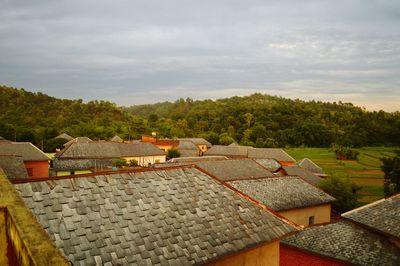 High angle view of houses against sky