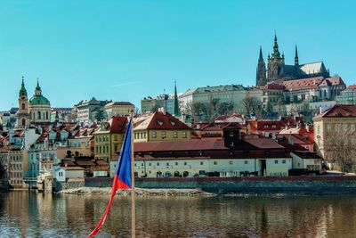 Buildings by river against sky in city