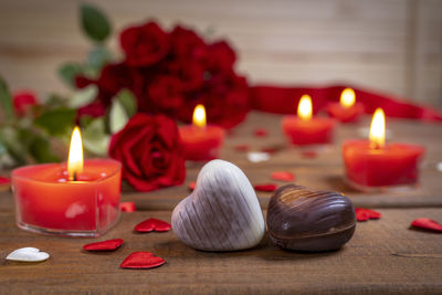 Close-up of illuminated candles on table