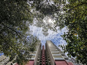 Low angle view of trees and building against sky