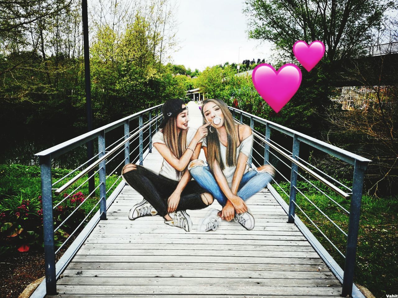 railing, women, balloon, real people, young adult, emotion, two people, love, full length, togetherness, people, leisure activity, young women, lifestyles, plant, positive emotion, tree, casual clothing, architecture, outdoors, couple - relationship, footbridge