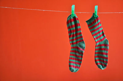 Close-up of socks on clothesline