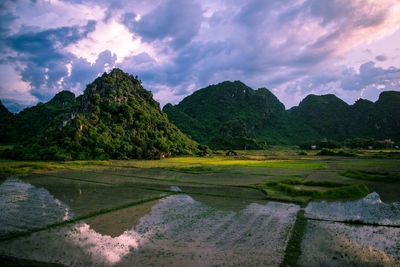 Reflection of lush mountains in calm lake