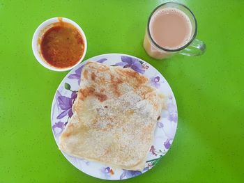 High angle view of breakfast served on table