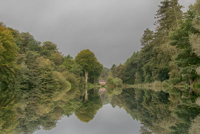 Reflection of trees in lake against sky