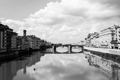 Bridge over river in city against sky