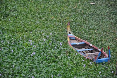 High angle view of nautical vessel on field