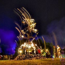 Illuminated ferris wheel at night