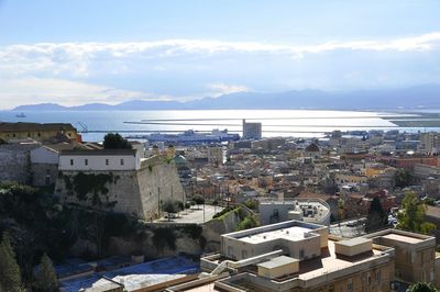 High angle view of houses against sky
