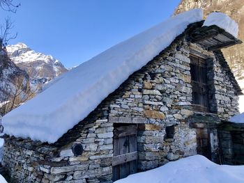 Snow covered buildings against sky