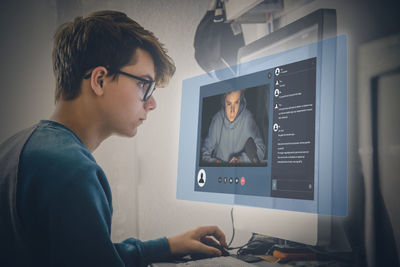 Teen video call chat concept. computer new technology communication contacts internet friends online