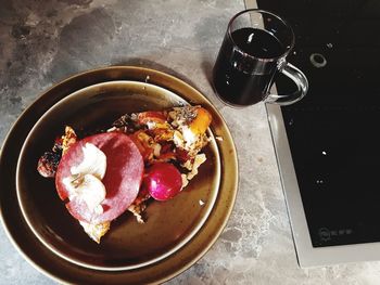 High angle view of breakfast served on table