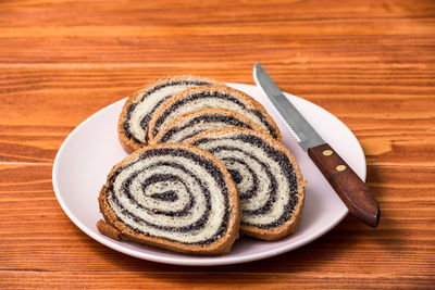 High angle view of dessert in plate on table