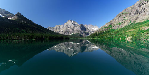 Scenic view of lake and mountains against clear blue sky