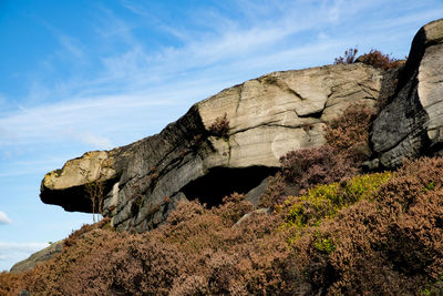 Low angle view of rock formation against sky