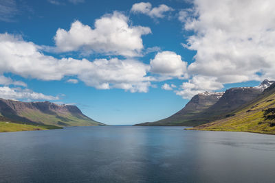 Scenic view of lake and mountains against sky