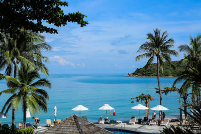 Scenic view of beach against blue sky