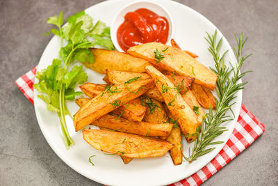 High angle view of food in plate on table