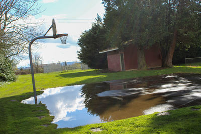 Scenic view of field by lake against sky
