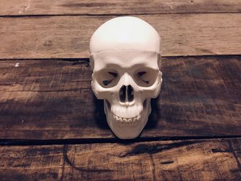 Close-up of human skull on table