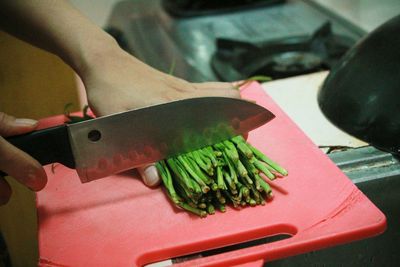 Close-up of person preparing food on cutting board
