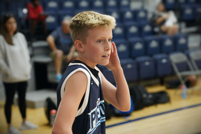 Young boy playing basketball