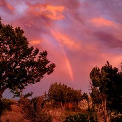 Low angle view of rainbow against sky during sunset