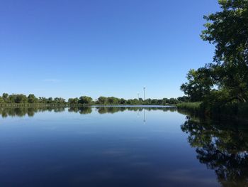 Scenic view of lake against clear blue sky