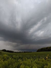 Scenic view of field against cloudy sky