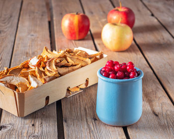 High angle view of fruits in bowl on table