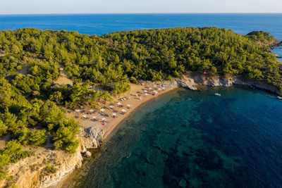 Aerial drone view of beach umbrellas and sunbeds on the coast in thassos island, greece