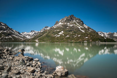 Scenic view of lake and mountains against clear blue sky