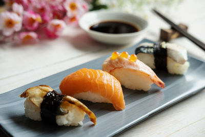 Close-up of sushi in plate on table