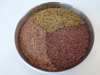 High angle view of bread in bowl on table