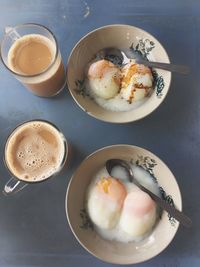 High angle view of breakfast served on table