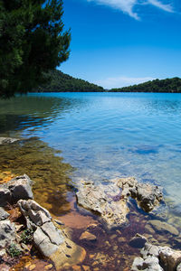 Scenic view of beach against blue sky