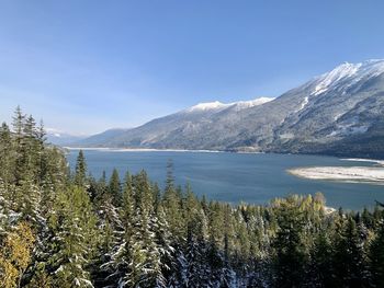 Scenic view of lake by mountains against sky