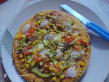 High angle view of breakfast served in plate