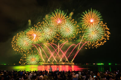Low angle view of firework display at night