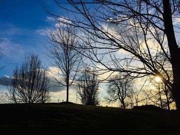 Silhouette of bare trees against sky at sunset