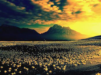 Scenic view of mountains at sunset